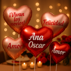 Globo corazón personalizado de 45 cm en papel aluminio rojo o rosa, con nombre en vinilo adhesivo. Ideal para San Valentín, cumpleaños