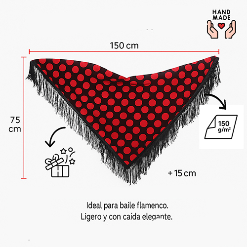 Chal flamenco mujer crêpe poliéster | estilo sevillano con flecos largos negros - Imagen 4