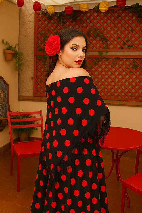 Chal flamenco mujer crêpe poliéster | estilo sevillano con flecos largos negros - Imagen 5