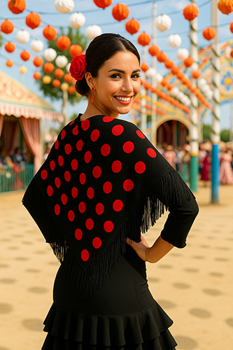 Chal flamenco mujer crêpe poliéster | estilo sevillano con flecos largos negros - Imagen 6