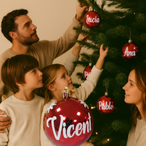 Bolas de Navidad rojas personalizadas con nombre: el detalle perfecto para decorar tu árbol con estilo y darle un toque único y familiar.