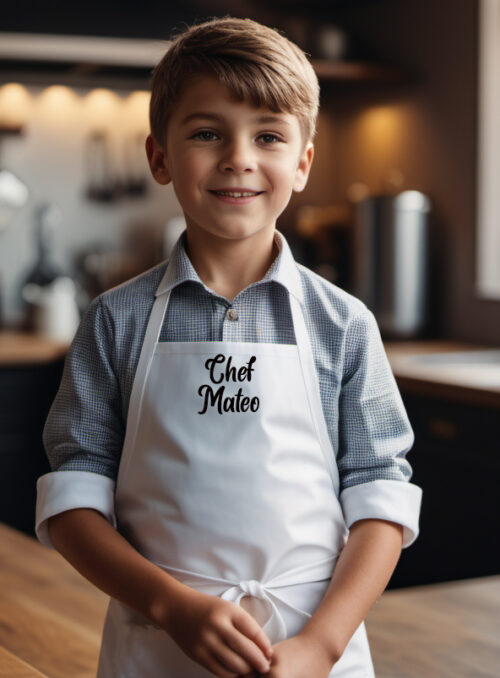 Delantal infantil personalizado | Delantal de cocinero para niños, regalo original pequeño chef, delantal blanco sarga con nombre - Imagen 3